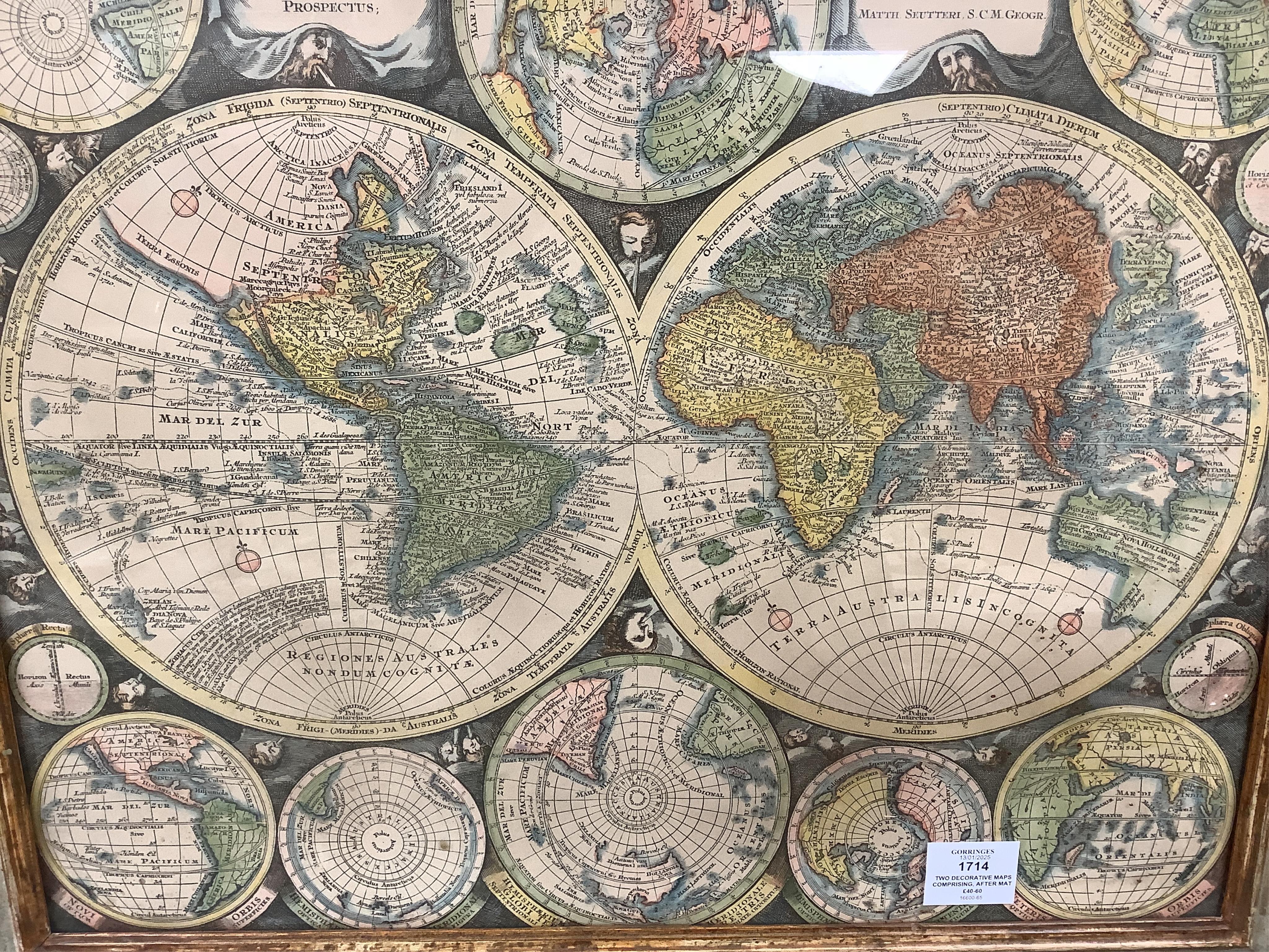 Two decorative maps comprising, after Matthew Seutter, double hemisphere world map and a similar example after G. Valk, 44 x 51cm. Condition - good